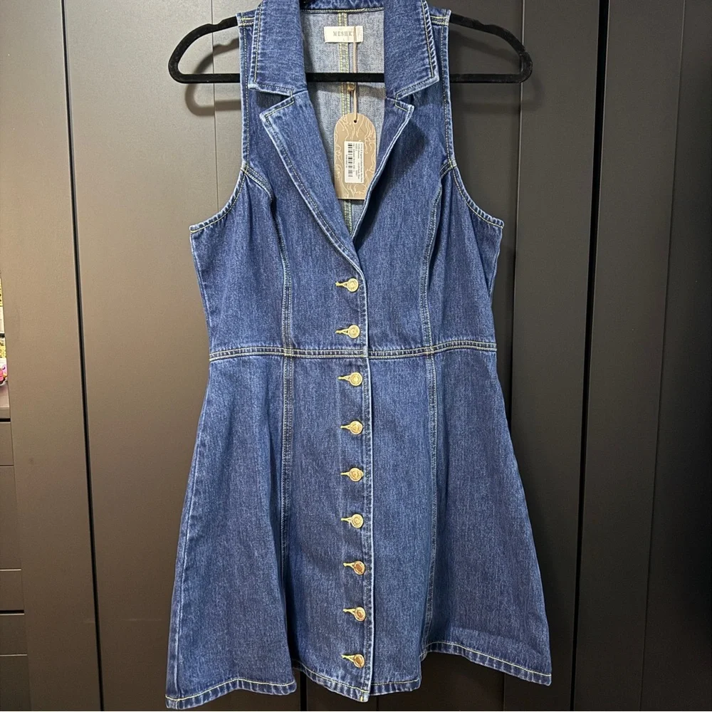 NWT Meshki Eugenie Collared Denim Mini Dress - Dark Blue - Picture 2 of 7